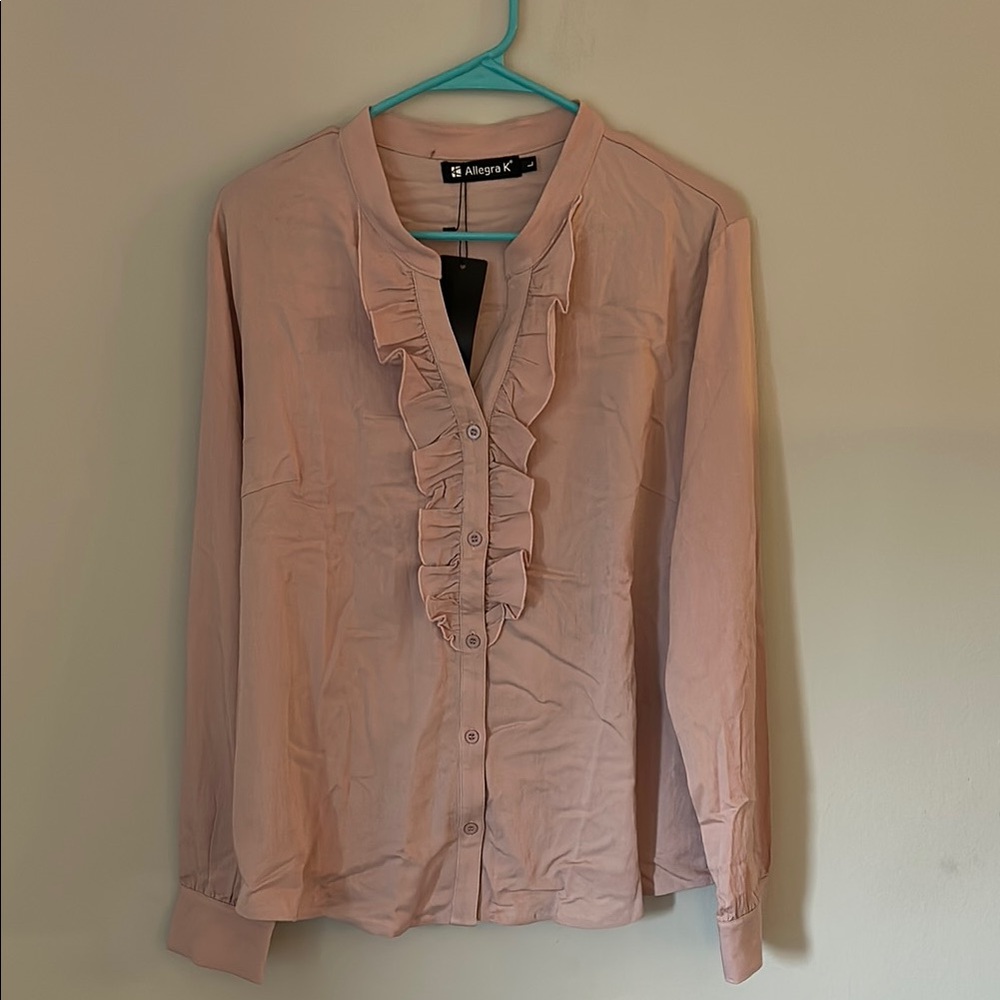 Allegra K Pink Ruffled Mandarin Collar Blouse